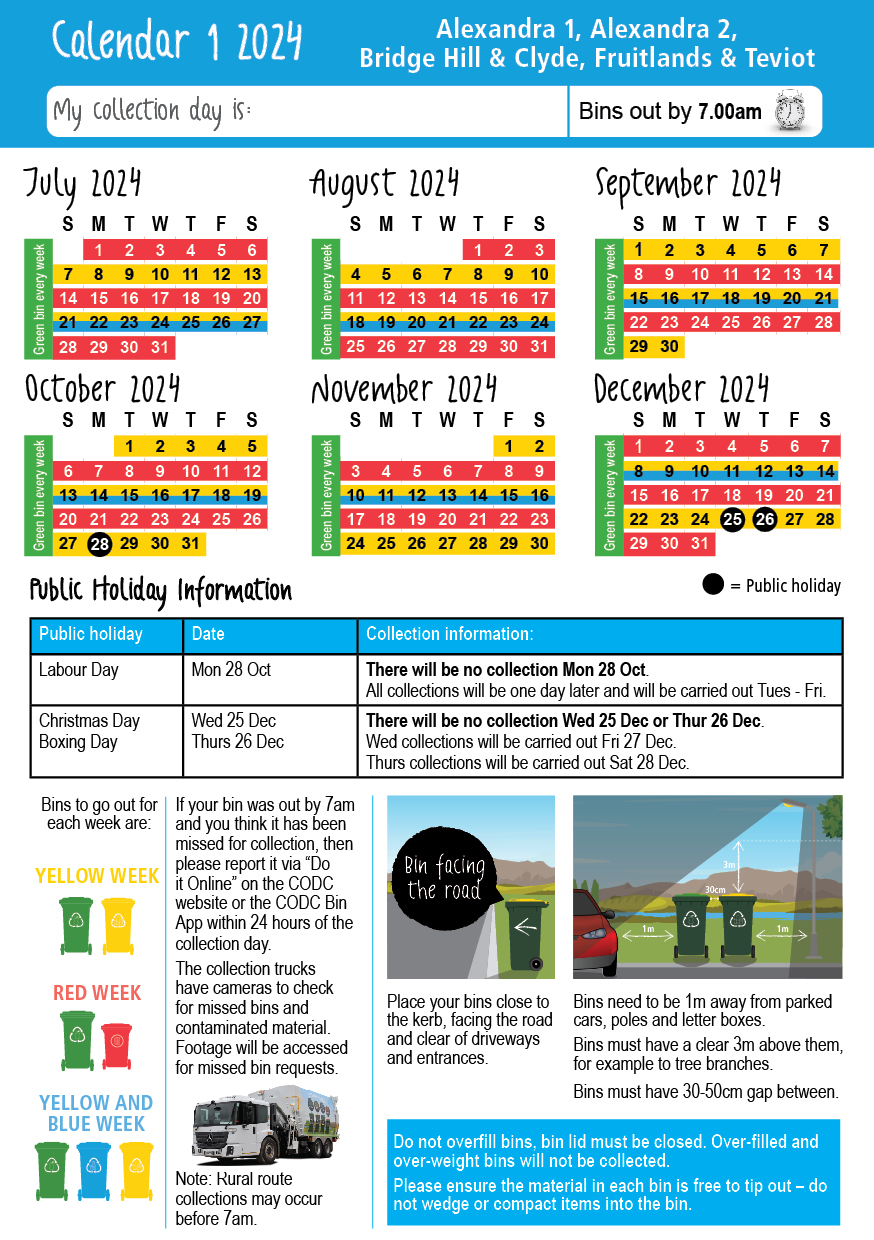 Kerbside Collection calendars and areas Central Otago District Council